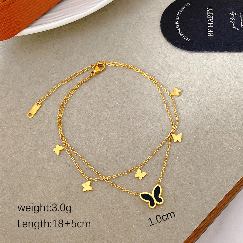 Minimalist Gold Plated Titanium Steel Heart Butterfly Rhinestone Anklet with Tassel