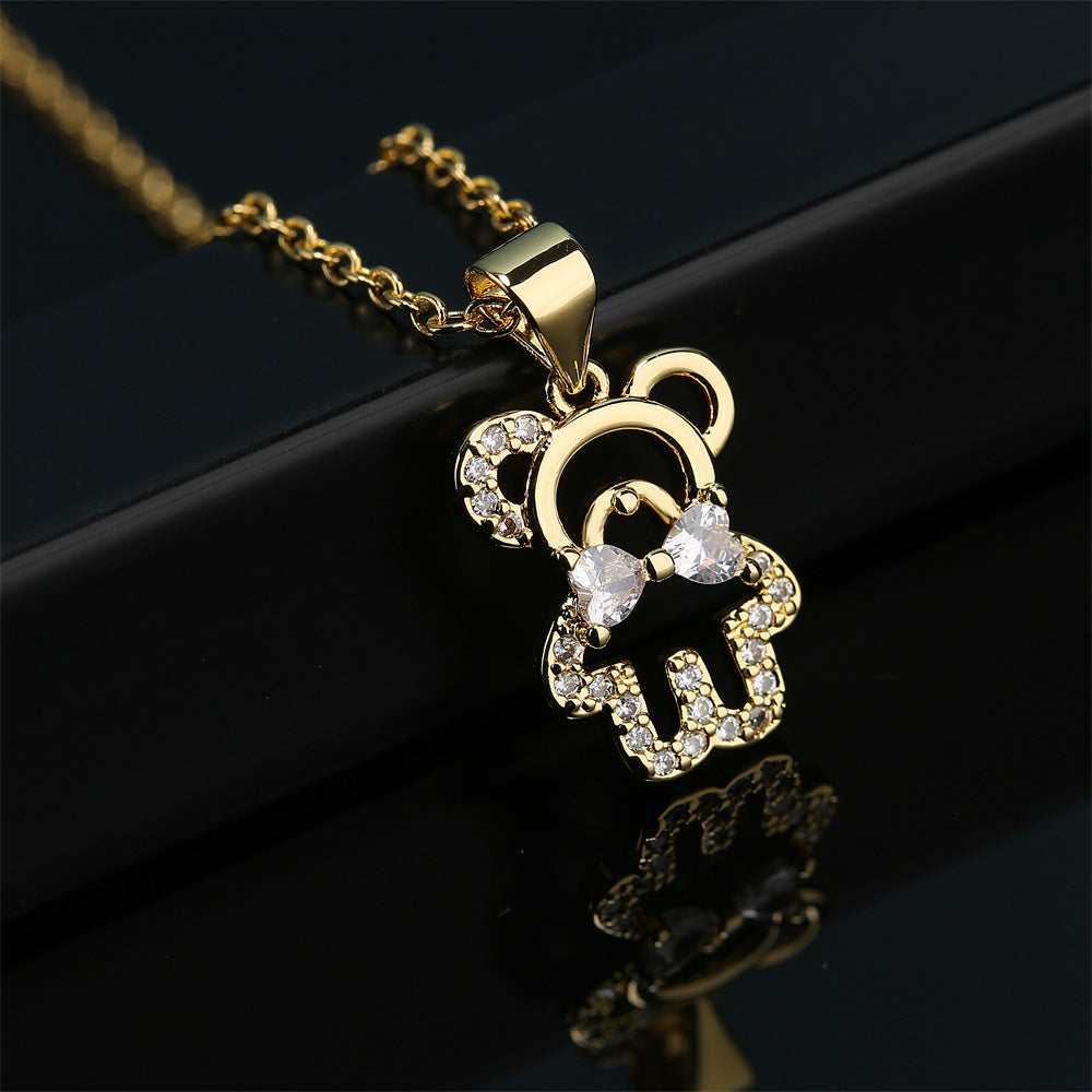 Minimalist Hollow Bear Pendant Necklace in Copper with 18K Gold Plating and Zircon Inlay