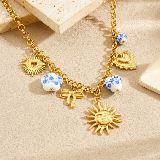 Fashion Elegant Heart Floral Butterfly Stainless Steel Plated Jewelry Set with Cable Chain