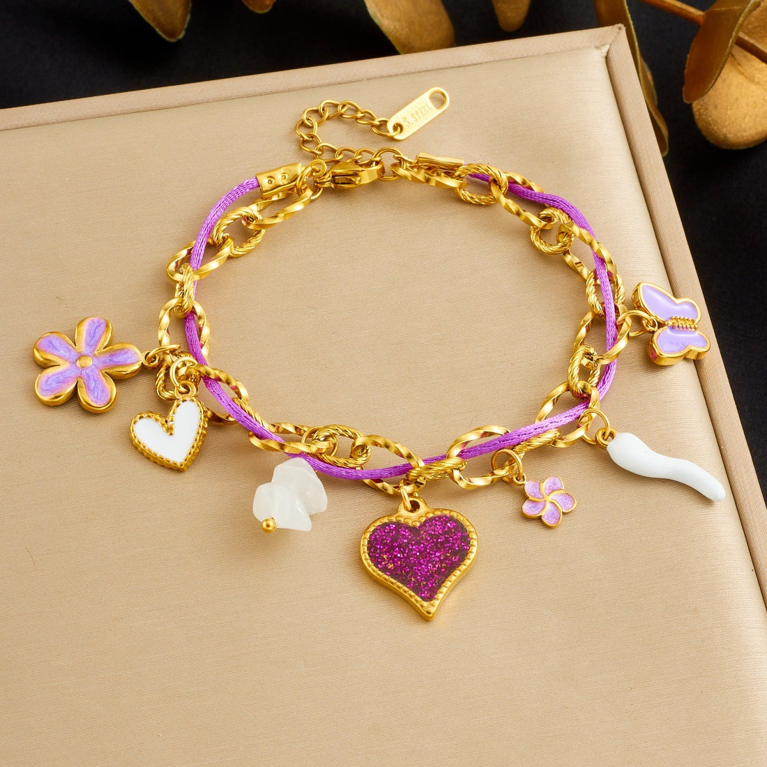 Sweet Purple Drip Oil Butterfly Heart Floral Stainless Steel Pearl Bracelet