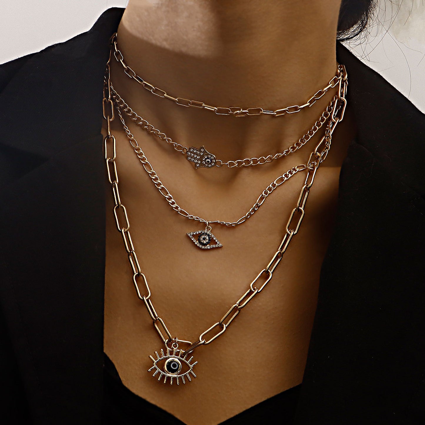 Vintage Multi-Layer Bamboo-Joint-Shaped Evil Eye Pendant Necklace for Women with Rhinestone Inlay and Gold-Plated Alloy