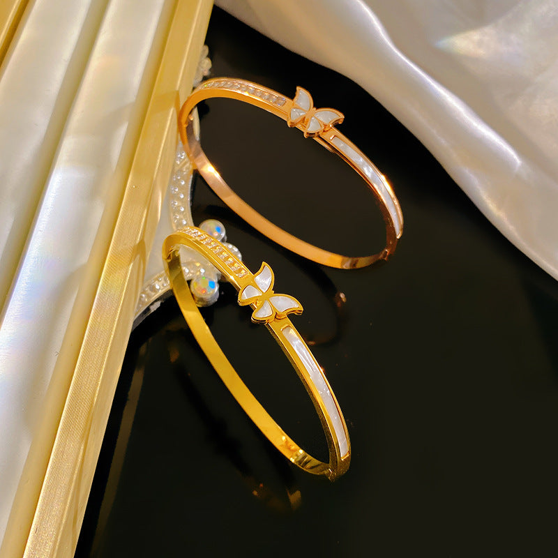 Elegant Micro-inlay Shell and Cubic Zirconia Butterfly Open Cuff Titanium Steel Bracelet