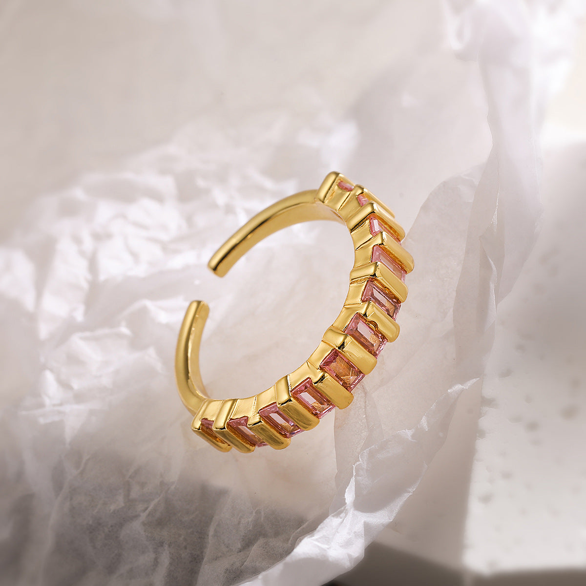 Minimalist Geometric Open Ring for Women in Copper with 18K Gold Plating and Zircon Inlay