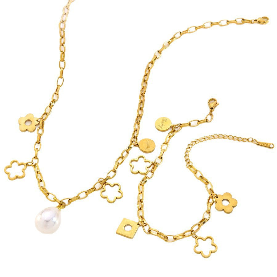 Sweet 18K Gold Plated Stainless Steel Flower Geometric Pearl Necklace Cable Chain
