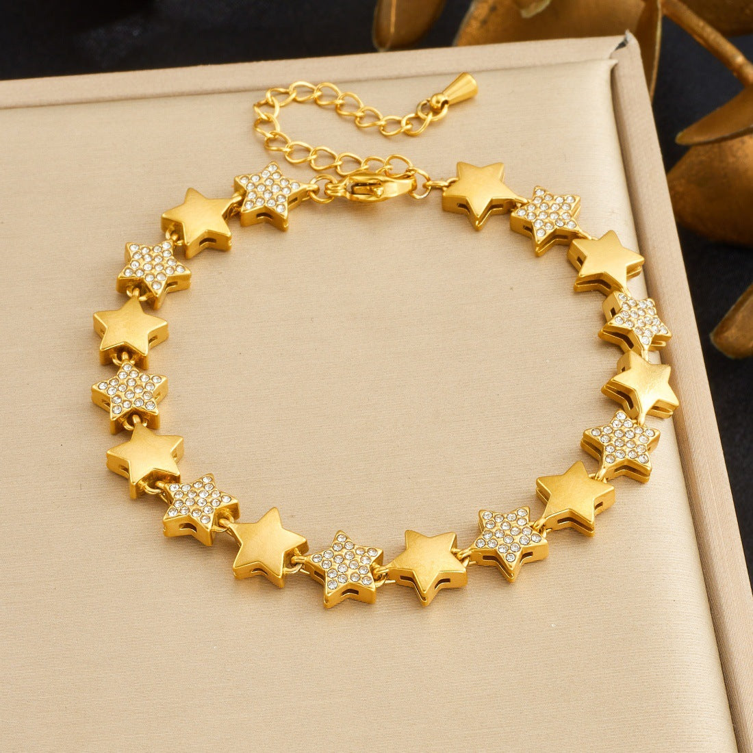 Elegant Gold Plated Stainless Steel Star Floral Rhinestone Ball Chain Bracelet for Women