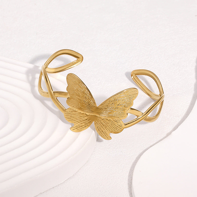 Bracciale a Polsino Aperto da Donna Minimalista a Farfalla in Acciaio Inossidabile Placcato Oro 18K