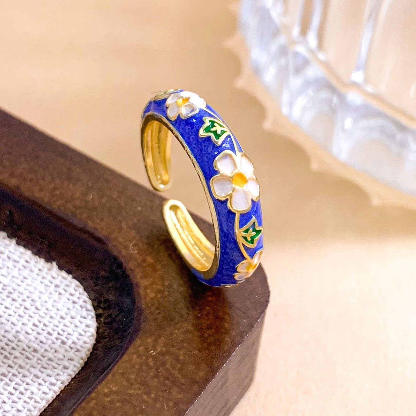 Vintage Sweet Enamel Floral Gold Plated Brass Ring for Women
