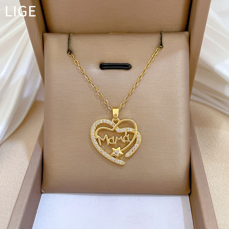 Minimalist Heart-Shaped Titanium Steel Necklace with Cubic Zirconia Inlay for Women, Delicate Clavicle Chain
