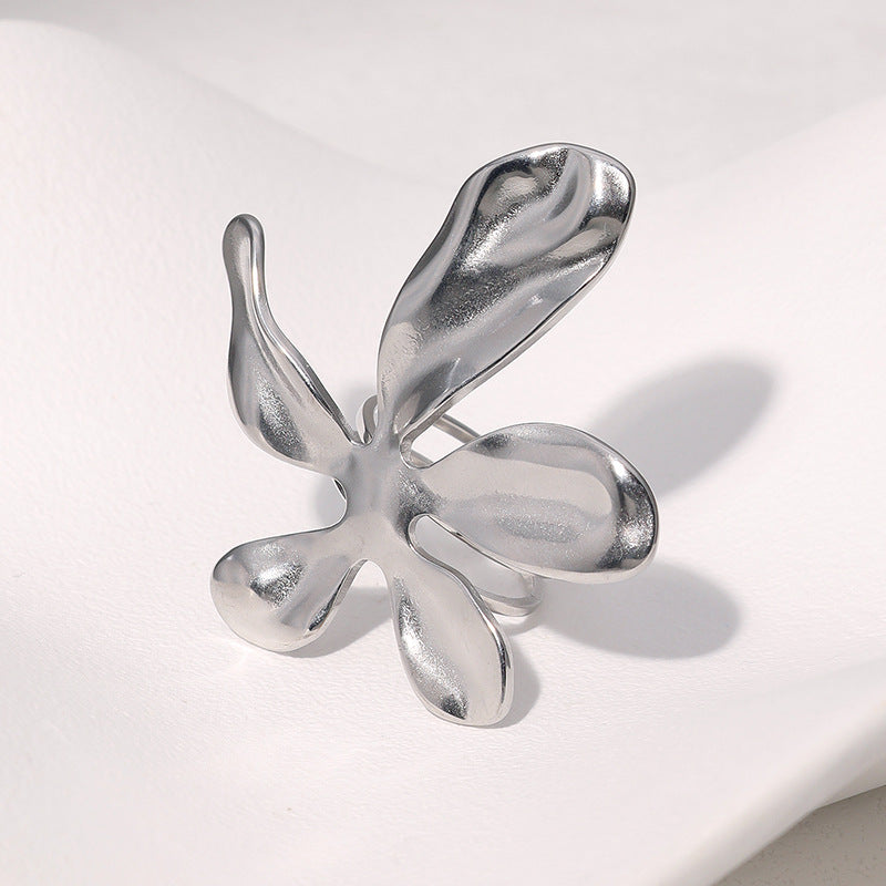 Minimalist 18K Gold Plated Stainless Steel Flower Petal Open Ring for Women