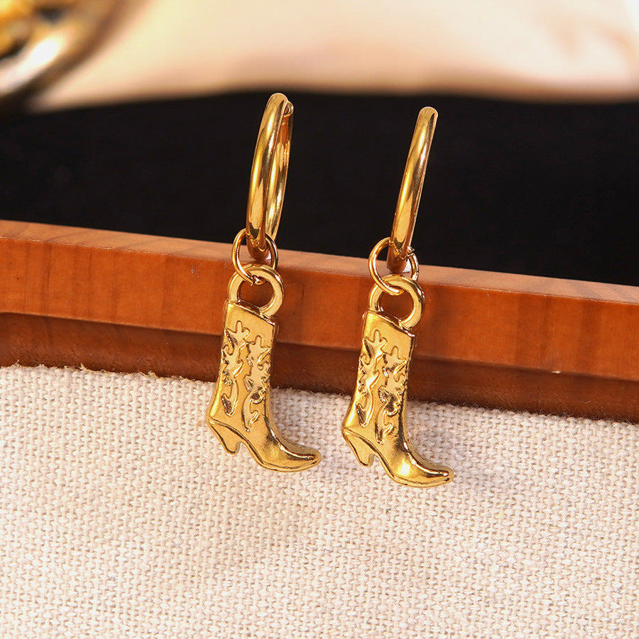 Vintage Western Boots Pattern Stainless Steel Plated Necklace and Earring Set for Women