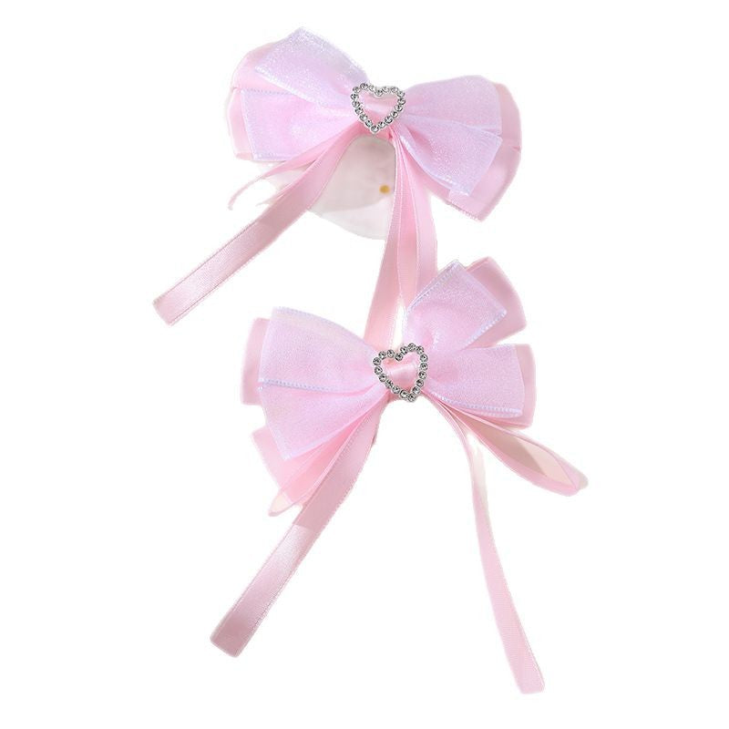 Natural Style Double-Layer Bow Hair Clip for Girls with Pink Lace, Tassel, Heart Shape, Rhinestone Accents and Ribbon Detail