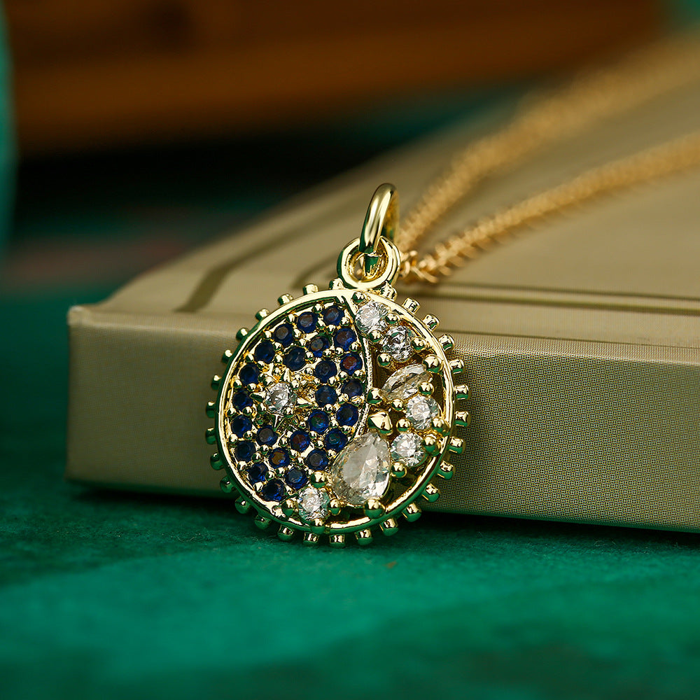 Minimalist Star and Moon Pendant Necklace for Women with Gold-Plated Copper Base and Zircon Inlay, Delicate Clavicle Chain