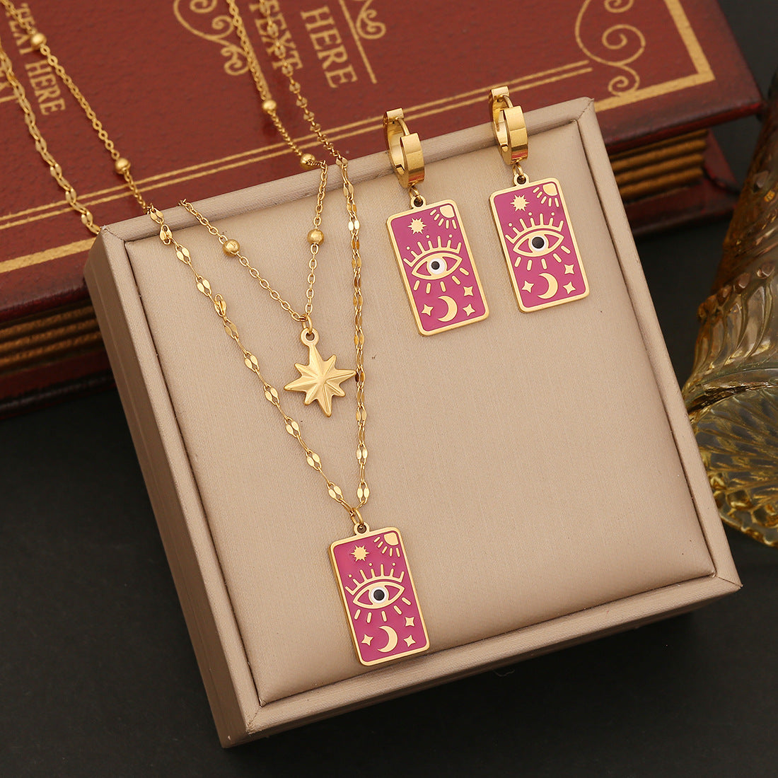 Minimalist Star and Moon Necklace with Enamel Eyes, Stainless Steel Double Layer O-Chain for Women