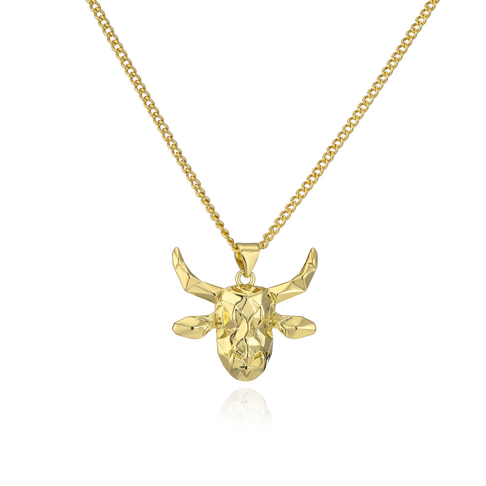 Vintage Geometric Bull Head Pendant Necklace for Women in Copper with 18K Gold Plating and Zircon Inlay
