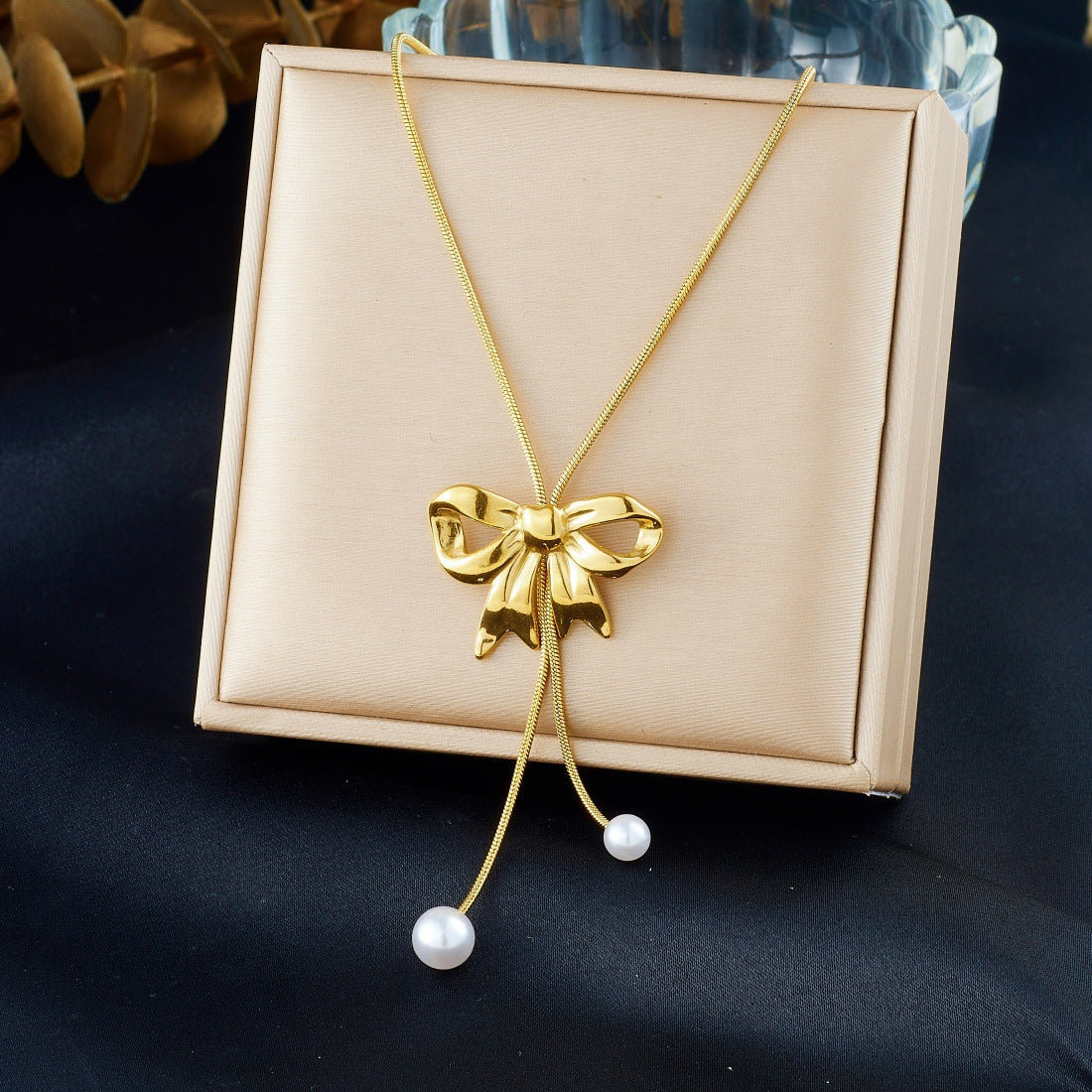 Gold Plated Bow Pearl Tassel Stainless Steel Snake Chain Necklace
