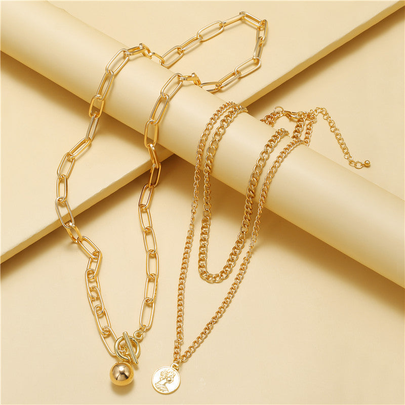 Vintage Geometric Round Alloy Human Head Pendant Multi-layer Snake Chain Necklace for Women