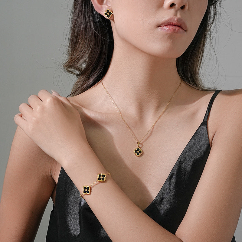 Minimalist Rhombus-Shaped Titanium Steel Necklace Set with Earrings and Bracelet, Vacuum-Plated 18K Gold Finish, Snake Chain