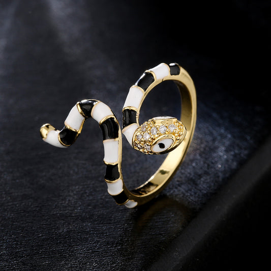 Minimalist Geometric Snake Ring in Copper with 18K Gold Plating and Zircon Inlay for Women