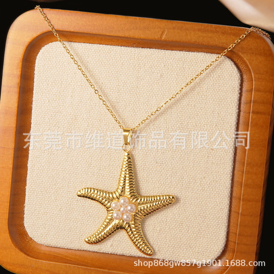 Set collana e orecchini a stella marina con fiocco conchiglia smaltato in acciaio inossidabile e titanio con catena a cavo per donna