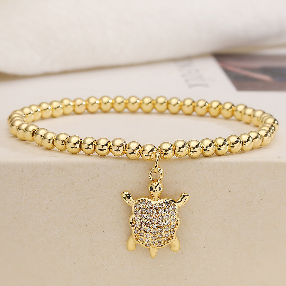 Fashion Cute 18K Gold Plated Cubic Zirconia Turtle Animal Brass Ball Chain Bracelet for Women