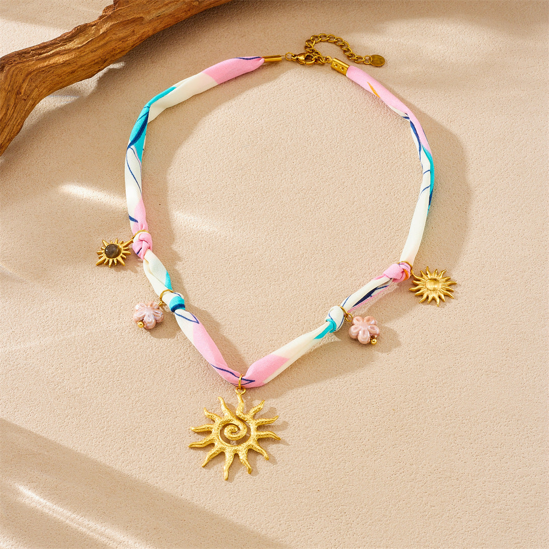 Sweet Tie-Dye Flower Sun Gold Plated Stainless Steel Tiger's Eye Pendant Necklace with Rope Chain