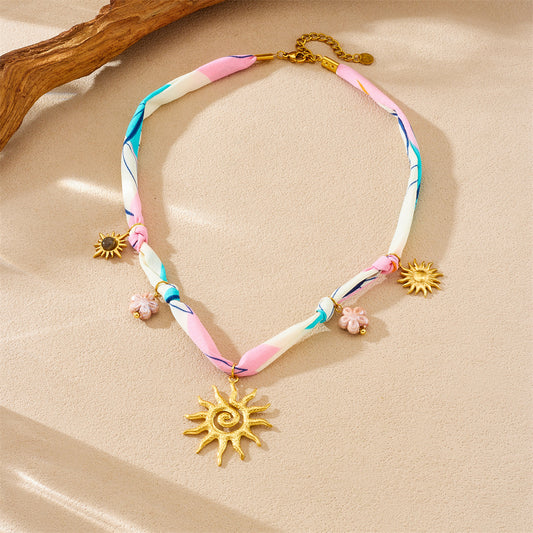 Sweet Tie-Dye Flower Sun Gold Plated Stainless Steel Tiger's Eye Pendant Necklace with Rope Chain