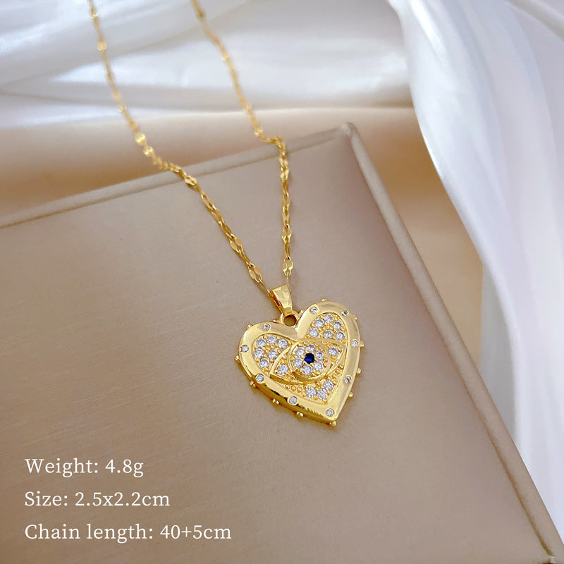 Collana girocollo a cuore minimalista in acciaio al titanio da donna con strass intarsiati, catena sottile per clavicola