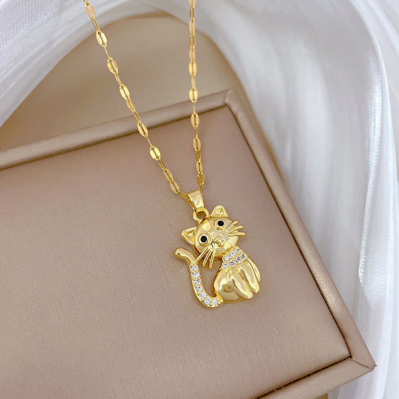 Collana Elegante di Lusso con Gatto Nero e Zirconi per Donne e Uomini, Girocollo con Ciondolo Geometrico in Acciaio al Titanio