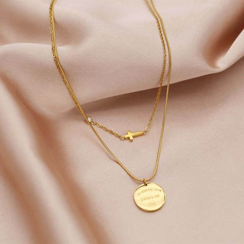 Minimalist Geometric Titanium Steel Pendant Necklace with Plated Finish for Unisex, Double-Layer Round Disc Design Featuring Letter Accent