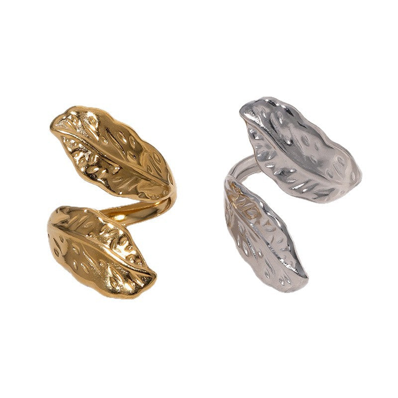 Minimalist Leaf-Shaped Stainless Steel Open Ring with Plating Finish for Women