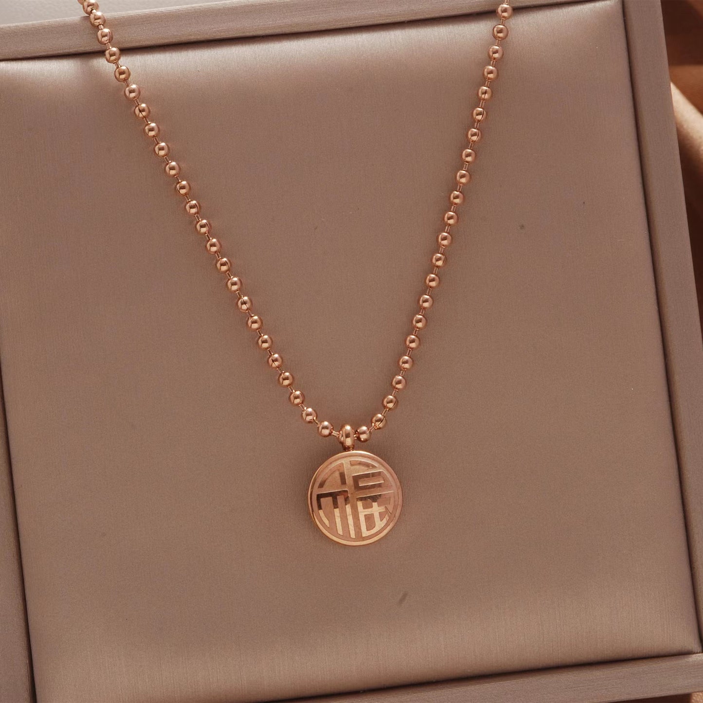 Minimalist Chinese Style Double-Sided Fu Character Pendant Necklace in Titanium Steel with Plated Finish for Women and Men