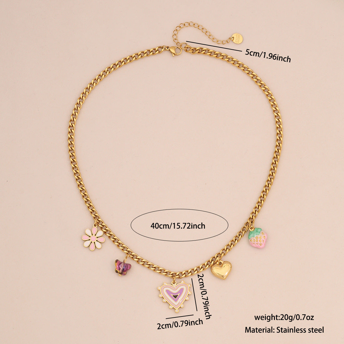 Collana con pendente a forma di cuore retrò in acciaio inossidabile con finitura placcata per donna, delicata catena clavicola in stile fresco e dolce
