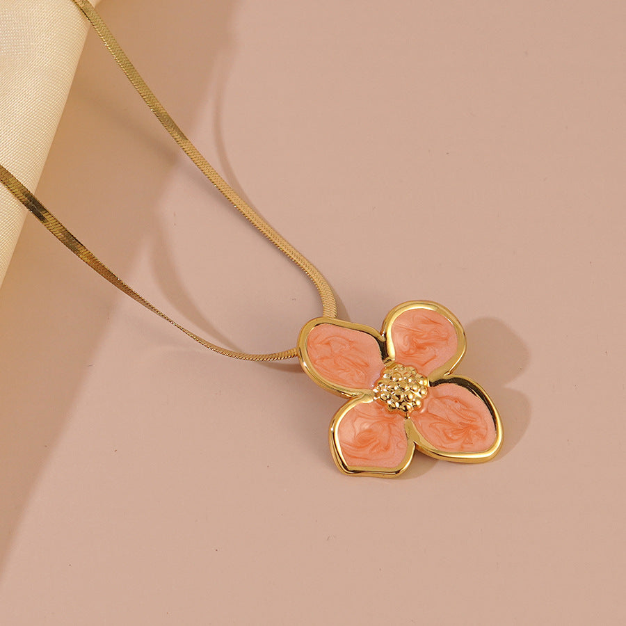 Elegant Drip Oil Plated Floral Stainless Steel Snake Chain Necklace for Women