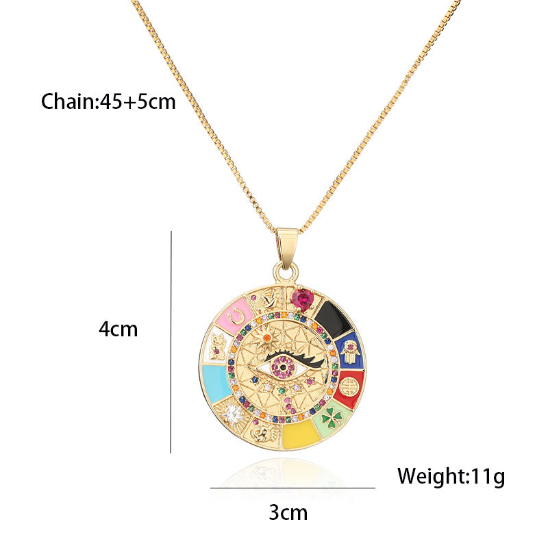 Collana pendente geometrica irregolare stile bohémien da donna con occhi in smalto e zirconi su catena a maglie in rame