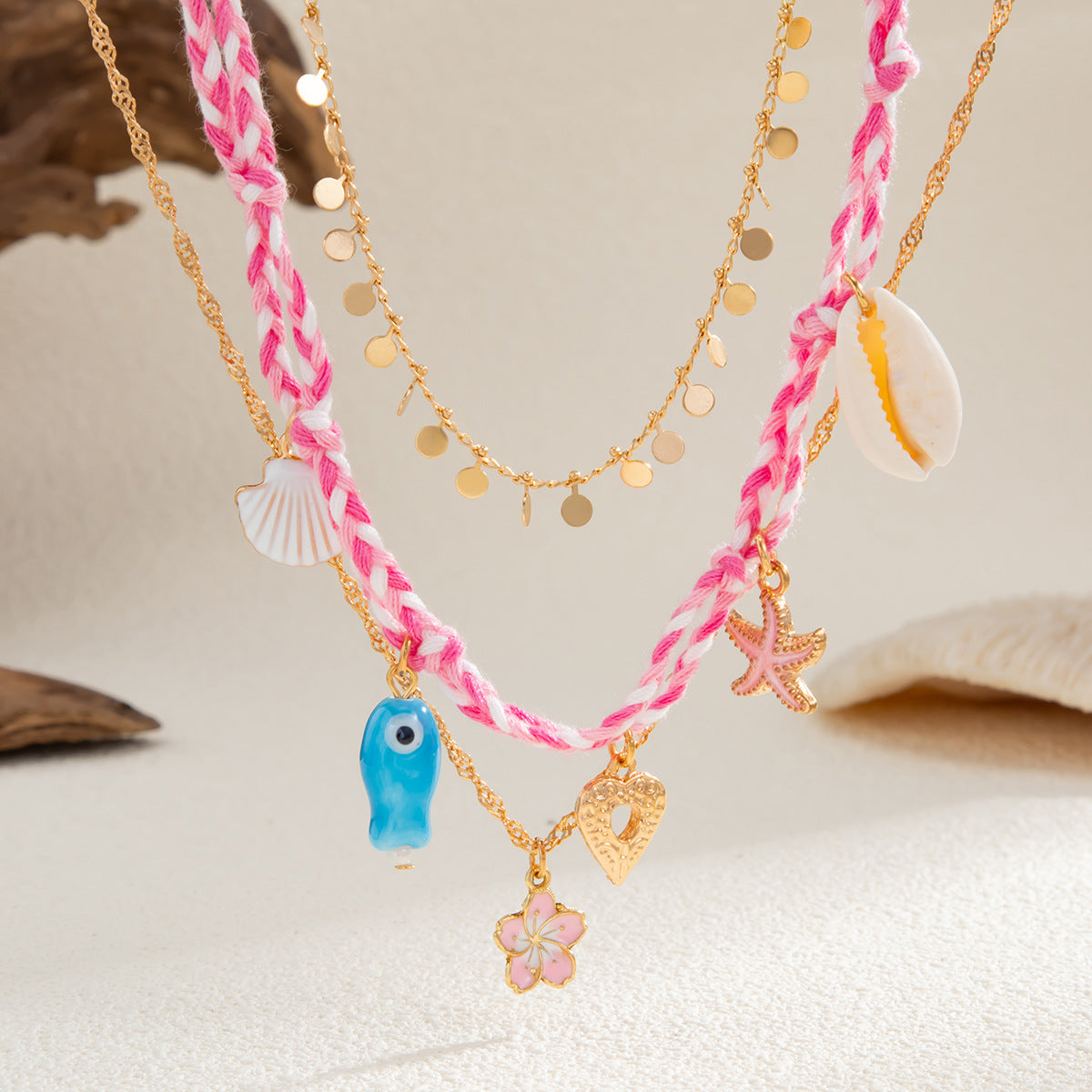 Sweet Plated Alloy Fish Starfish Shell Pendant Necklace with Woven Rope for Women