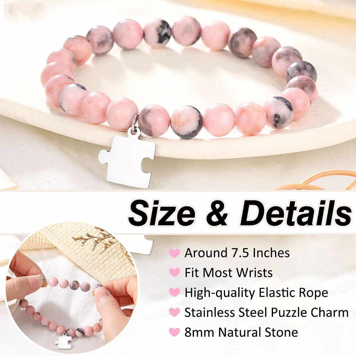 Pink Zebra Print Stainless Steel Puzzle Charm Bracelet with Black Thread and Red Pattern Beads Handmade Unisex Gift