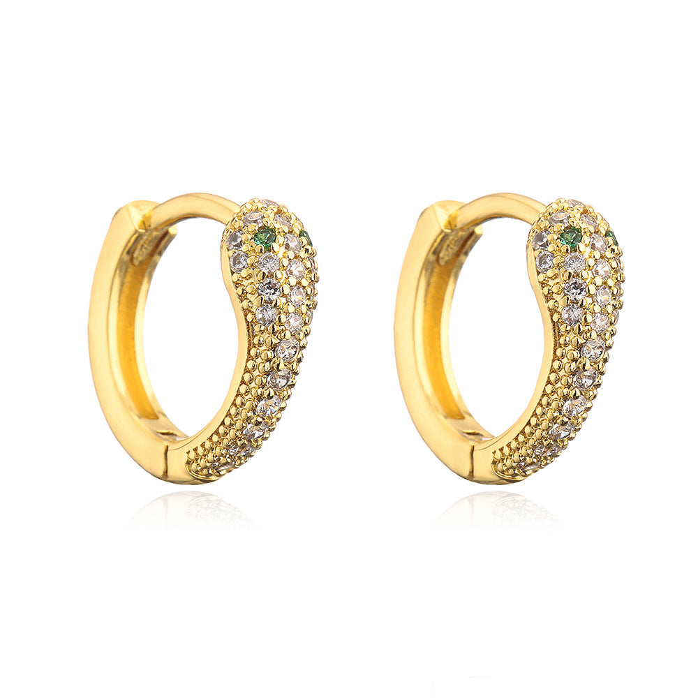 Fashionable Snake-Shaped Geometric Hoop Earrings for Women in Copper with 18K Gold Plating and Micro-Paved Zirconia