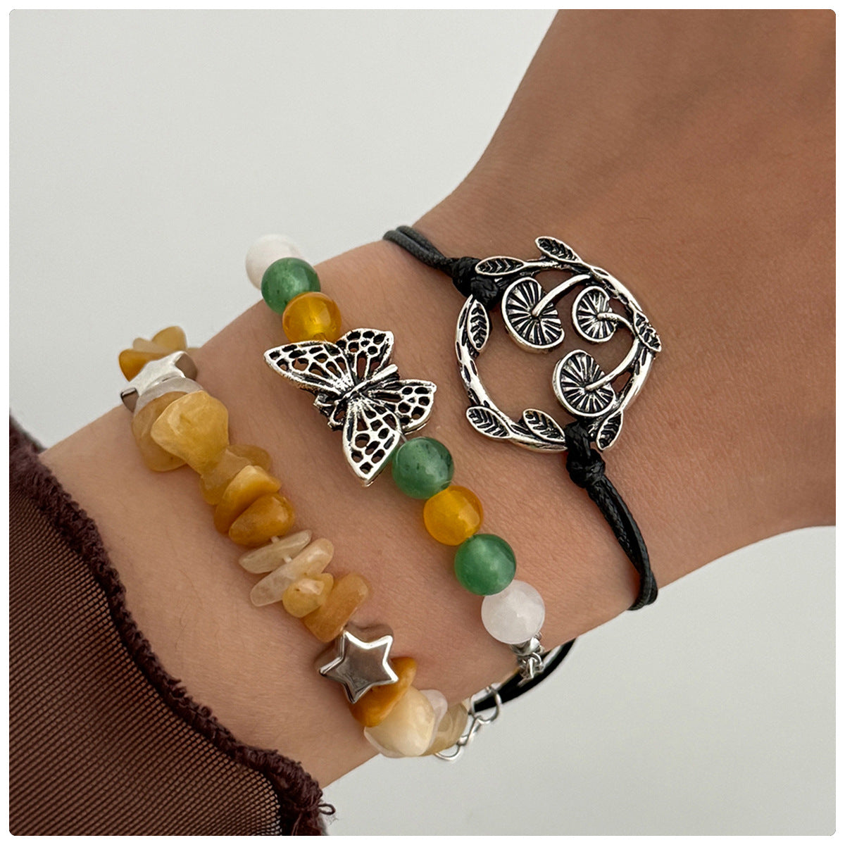 Vintage Ethnic Star-Shaped Alloy Bracelet for Women with Butterfly Mushroom and Botanical Motifs Natural Sun and Star Accents Handmade