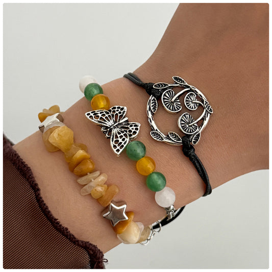 Vintage Ethnic Star-Shaped Alloy Bracelet for Women with Butterfly Mushroom and Botanical Motifs Natural Sun and Star Accents Handmade
