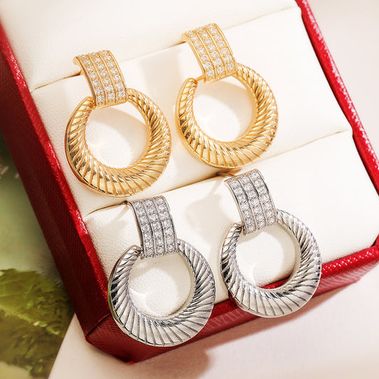 Vintage-Style Geometric Round Copper Earrings with 18K Gold Plating and Zircon Inlay for Women