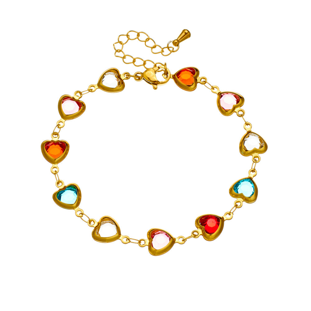Minimalist Faceted Colorful Glass Rhinestone Heart Charm Stainless Steel Bracelet for Women