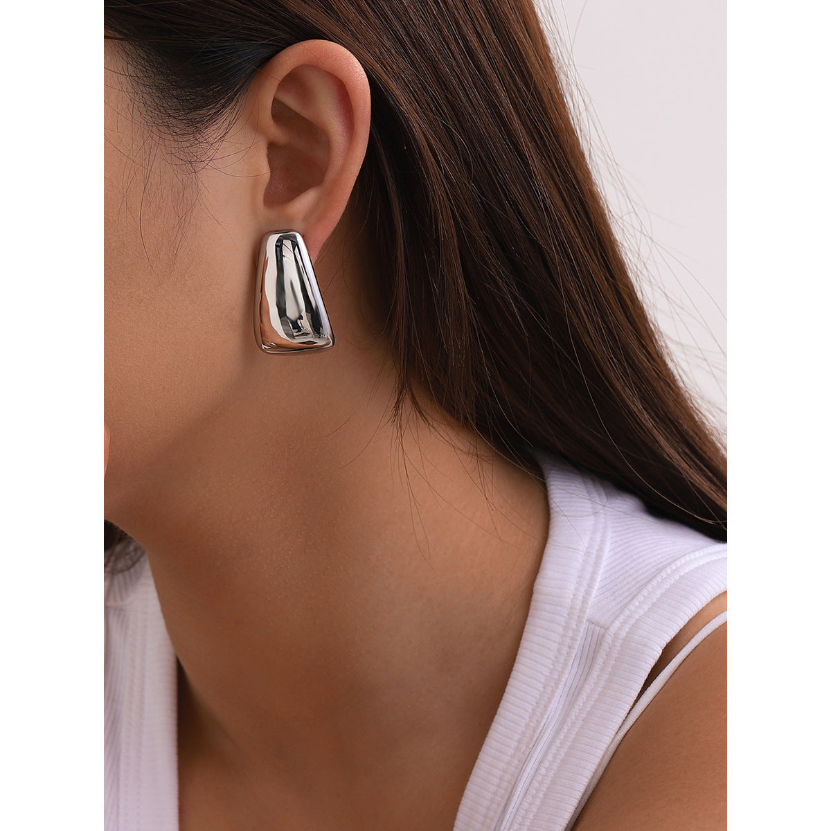 Minimalist Geometric Stainless Steel Stud Earrings with Polished Finish and Trapezoidal Shape