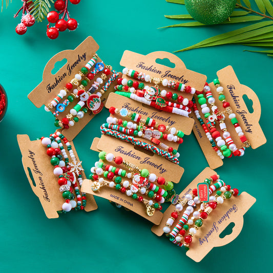 Colorful Acrylic Santa Claus and Reindeer Elastic Beaded Bracelet for Women Christmas Holiday Fashion Accessory