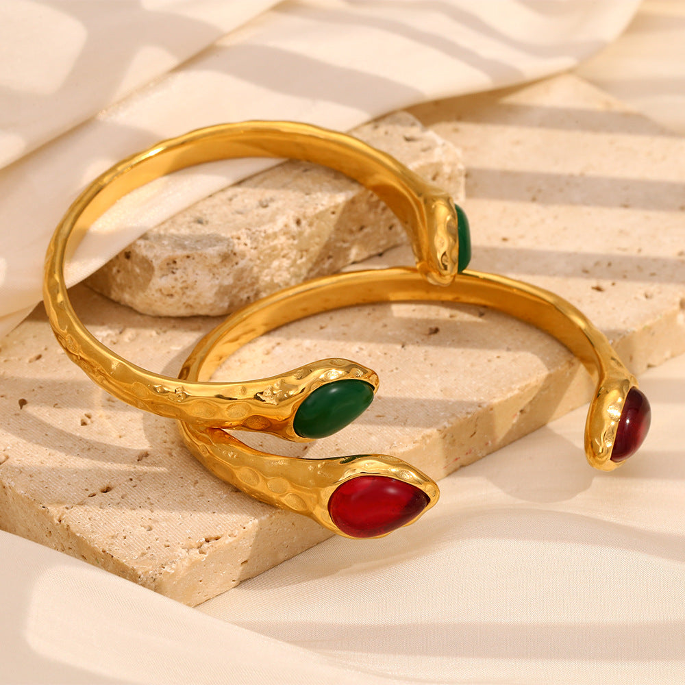 Bracciale da donna in acciaio inossidabile placcato oro 18 carati con testa di serpente doppia e agata, ispirato alla geometria vintage francese