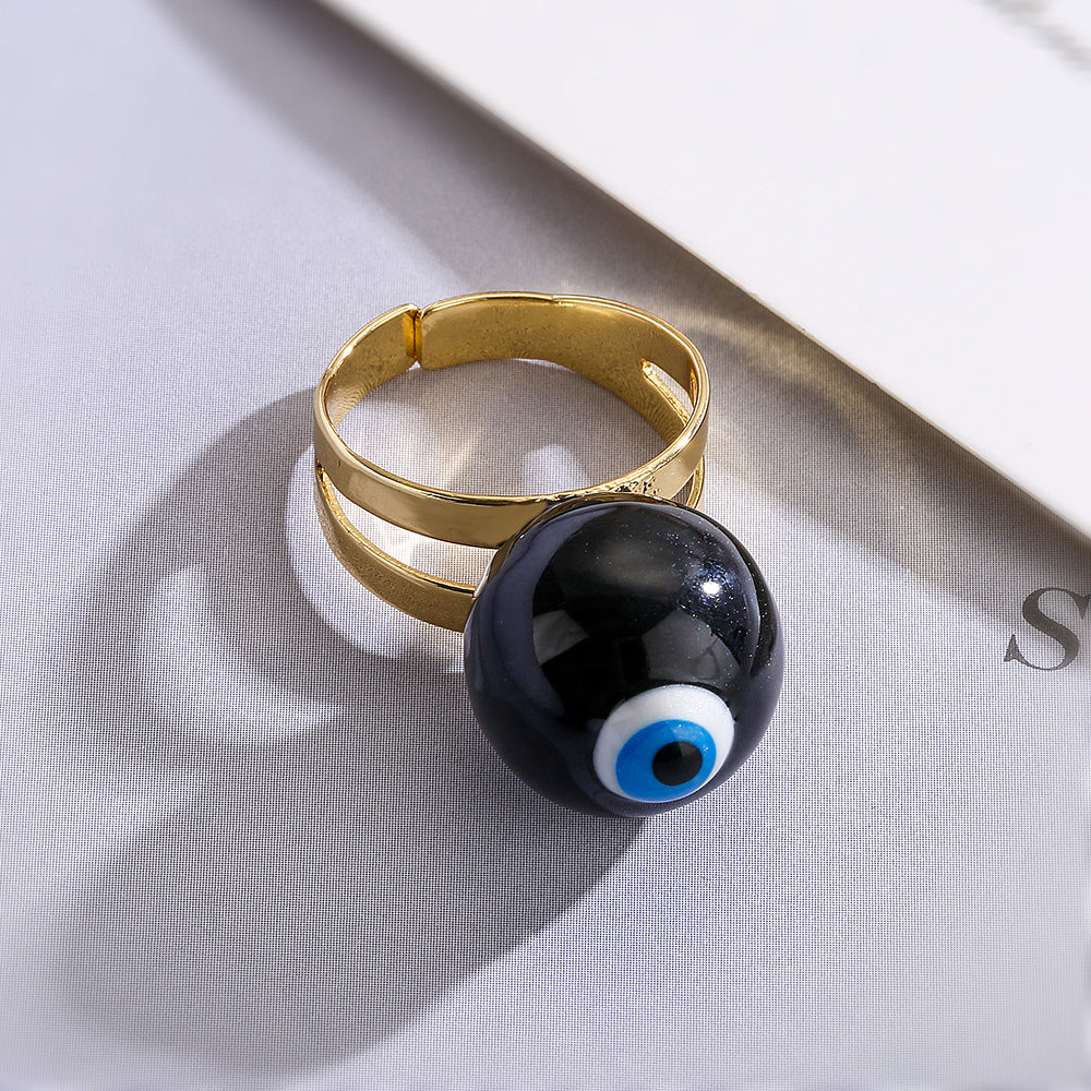 Fashionable Adjustable Evil Eye Ring for Women in Copper with Enamel Finish Geometric Design