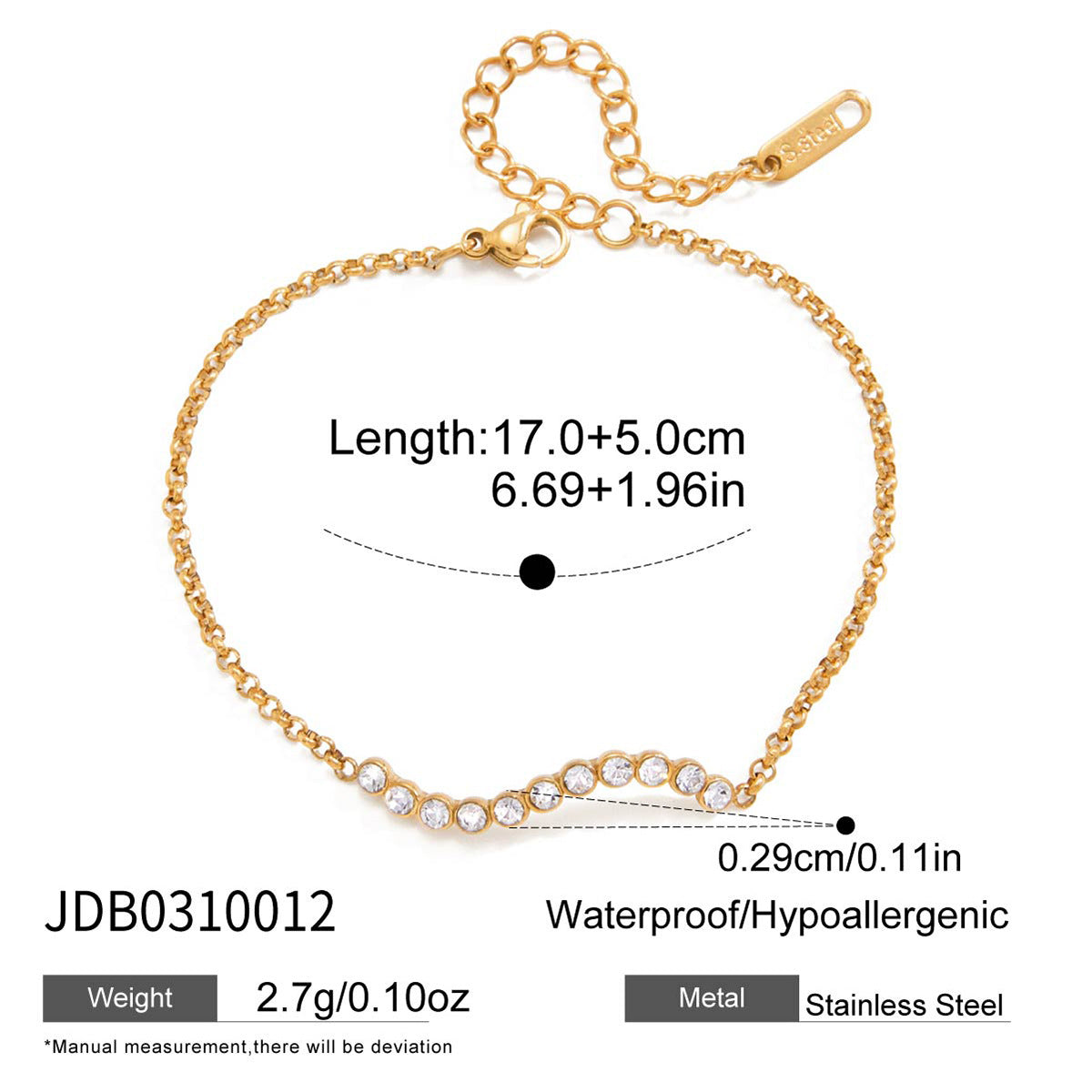 Elegant Minimalist Geometric Heart Stainless Steel Plated Cubic Zirconia Tennis Bracelet for Women