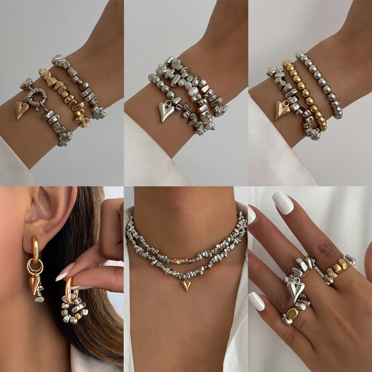 Luxury Geometric Heart Zinc Alloy Plated Pendant Necklace Irregular Beaded Clavicle Chain for Women