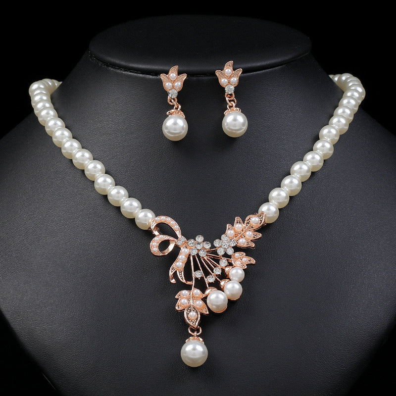 Chic Pearl-Embellished Alloy Drop-Shaped Floral Necklace and Earrings Set for Women with Tulip Peony and Wheat Motifs