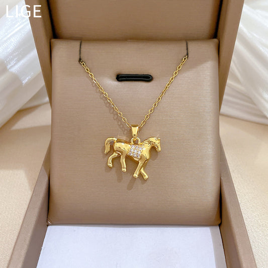 Sweet Full Rhinestone Horse Geometric Pendant Titanium Steel Necklace for Unisex