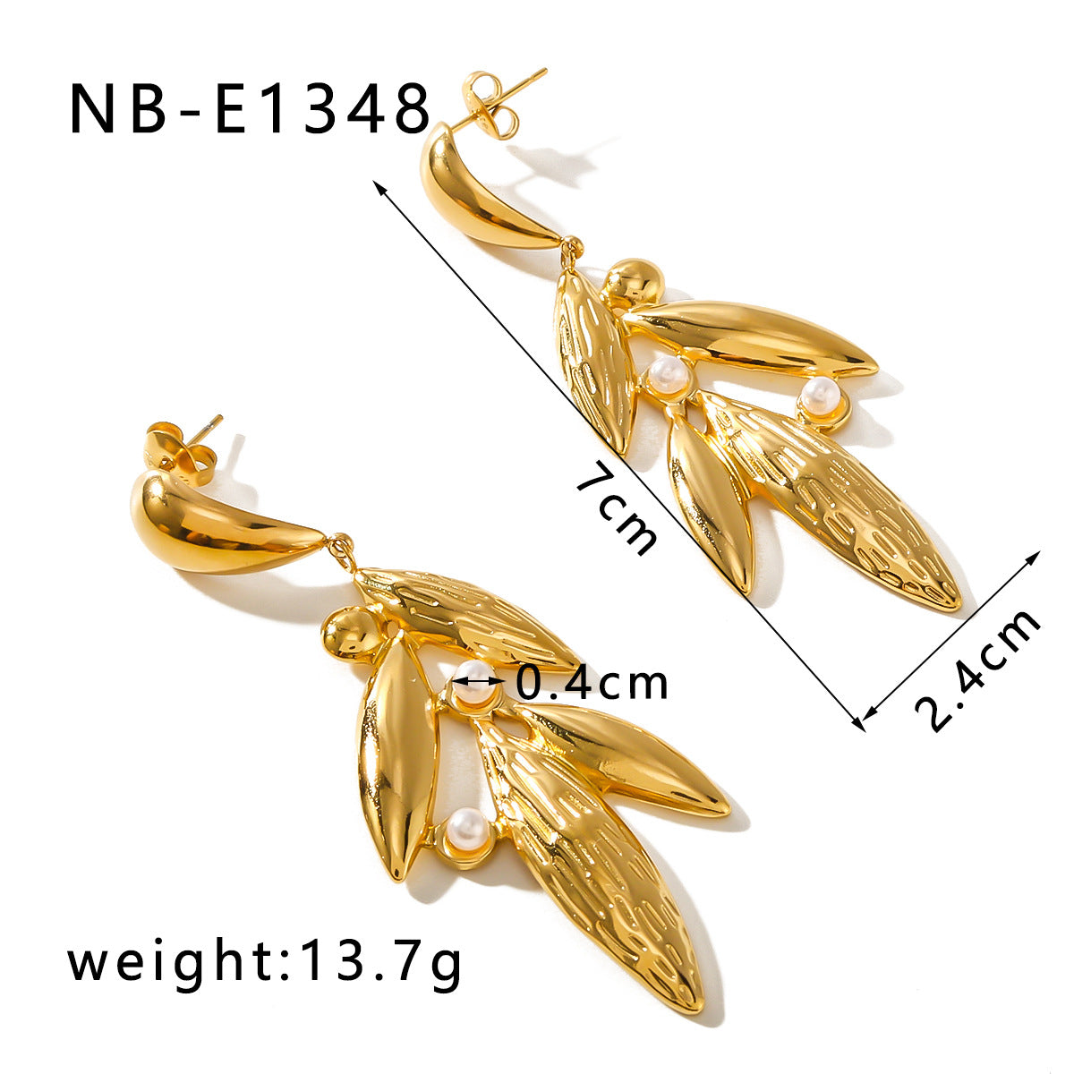 Orecchini a Foglia Geometrici in Acciaio Inossidabile con Placcatura in Oro 18K e Intarsio di Perle da Donna